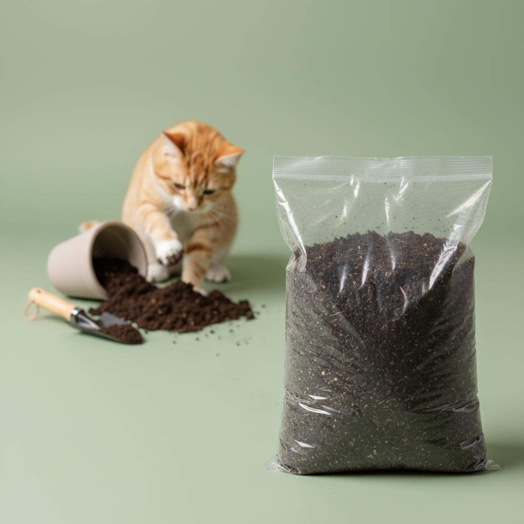 Cat playing with scoopable cat litter next to a bag of the product on a green background